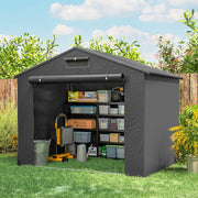 Shed with the door rolled up showing shelving, storage boxes and a work light