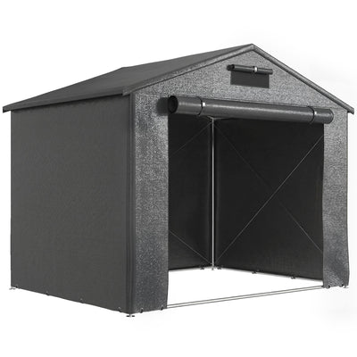 Dark grey 8x6ft portable garden storage shed with roll-up zip door on a white background