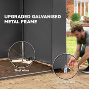 Close-up of the galvanised metal frame with steel wires and a ground stake