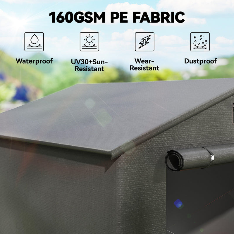 Close-up of the 160gsm waterproof PE fabric roof with UV protection icons