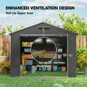 Shed front with roll-up zip door, mesh vent close-up and 168 cm door width