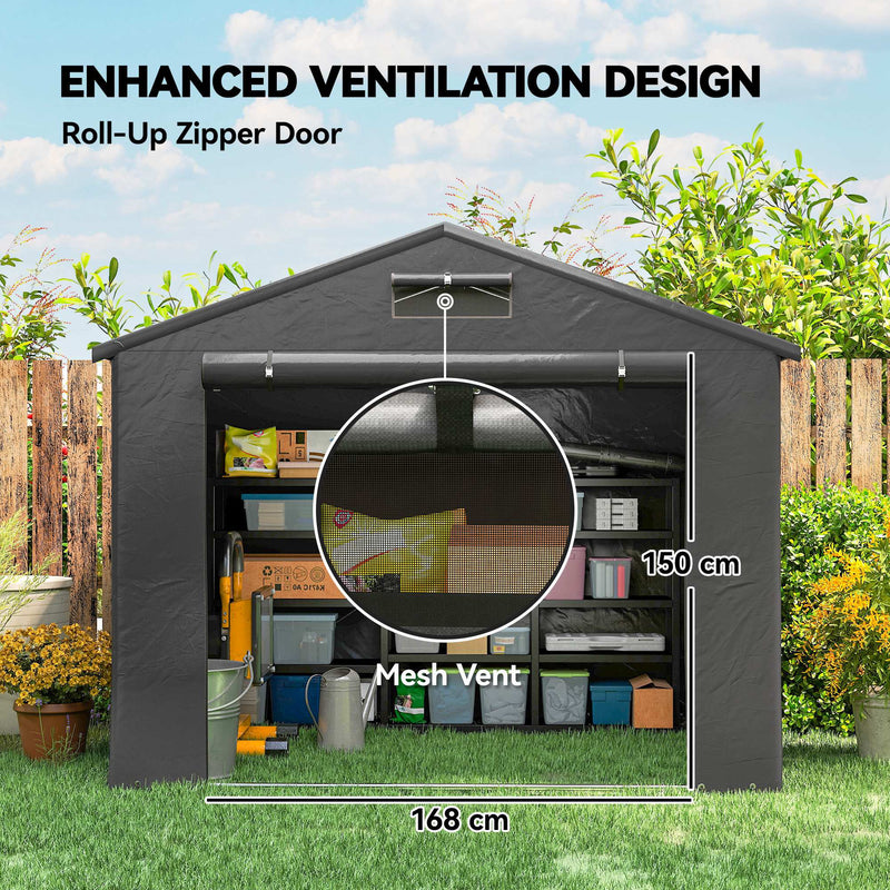Shed front with roll-up zip door, mesh vent close-up and 168 cm door width