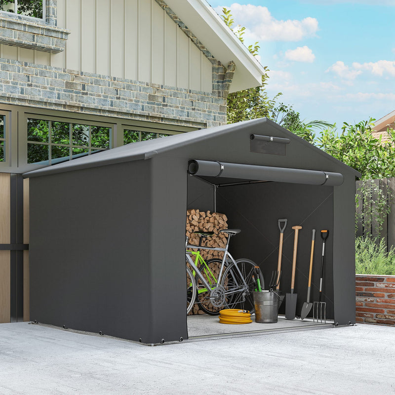 Shed beside a house storing a bike, firewood and garden tools