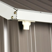 Close-up of the white roof beam bracket and plastic end cap inside the shed