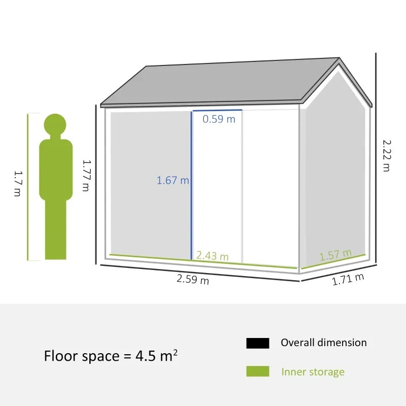 Dimension diagram: 259 x 171 x 222 cm overall, 243 x 157 cm inner storage, 1.77 m eaves