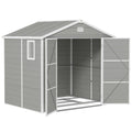 Light grey 8x6ft plastic garden shed with apex roof and both double doors open, studio shot