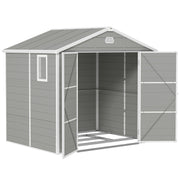 Light grey 8x6ft plastic garden shed with apex roof and both double doors open, studio shot