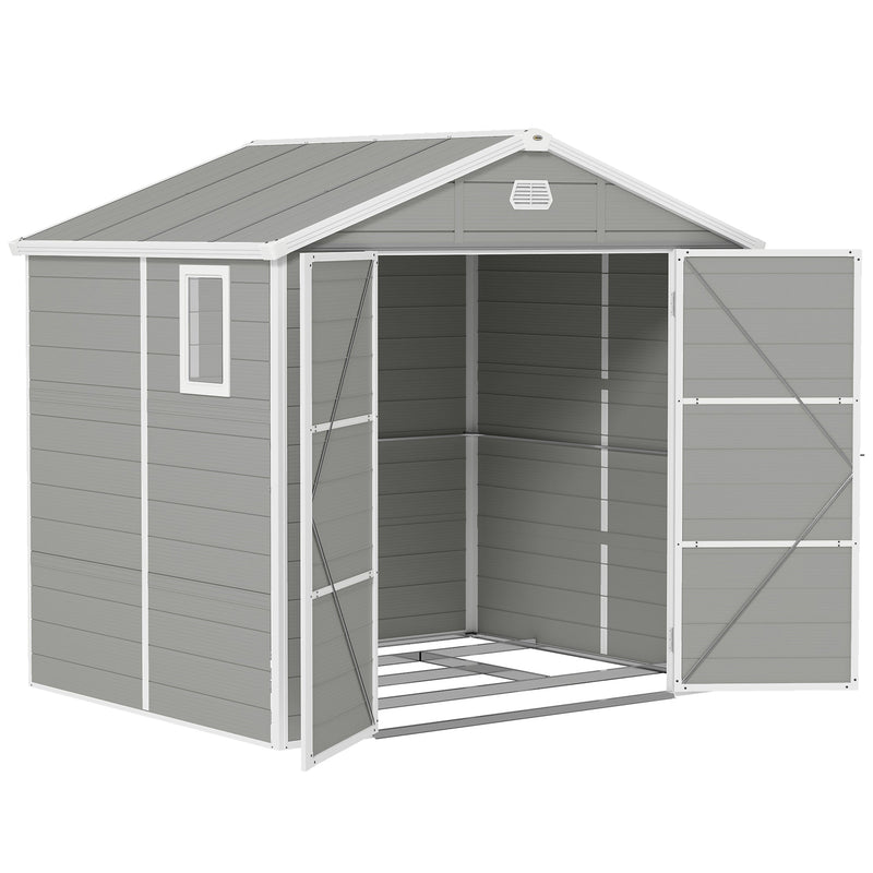 Light grey 8x6ft plastic garden shed with apex roof and both double doors open, studio shot