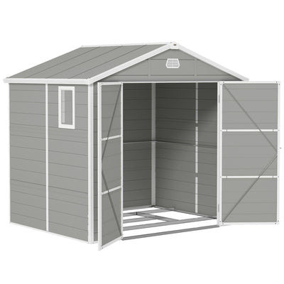 Light grey 8x6ft plastic garden shed with apex roof and both double doors open, studio shot