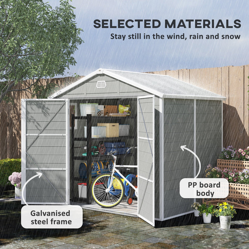 Rain falling on the open shed, labelled galvanised steel frame and PP board body