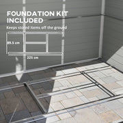 Included foundation kit shown at 225cm by 89.5cm, laid out on a paved base inside the shed