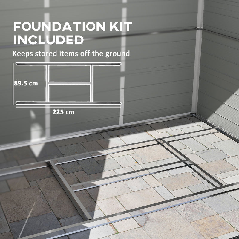Included foundation kit shown at 225cm by 89.5cm, laid out on a paved base inside the shed