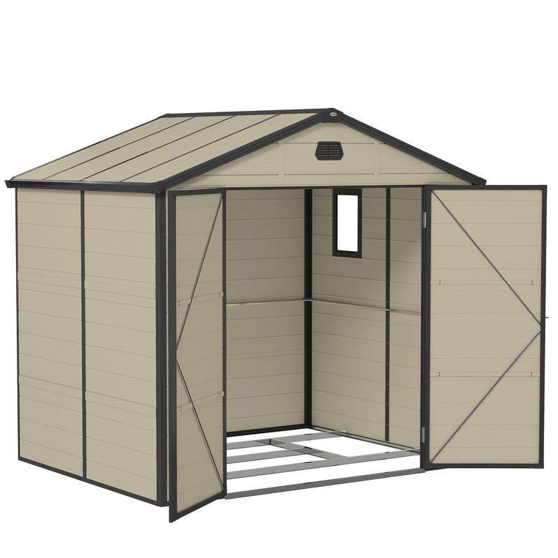 Cream white plastic garden shed with both doors open, showing the foundation base frame inside
