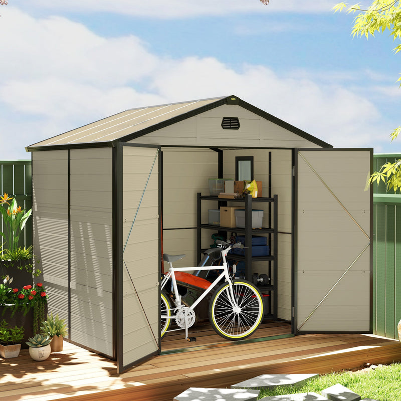 Apex roof shed on decking with the double doors open, a bike and a loaded shelving unit inside