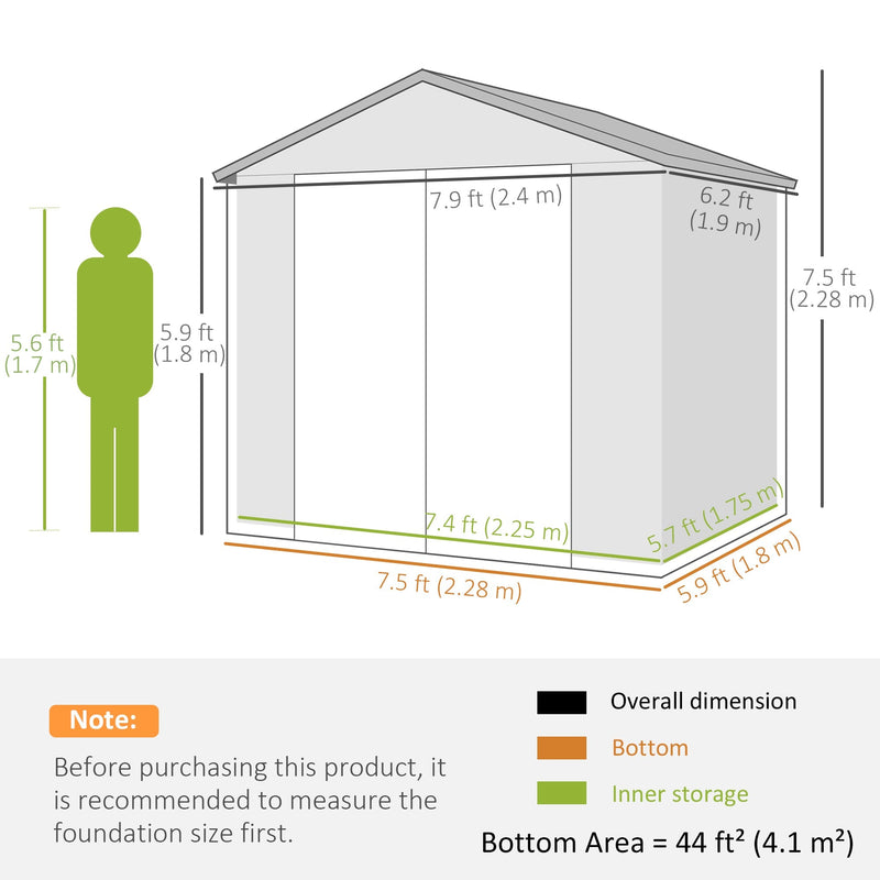 Dimension diagram showing 2.4 x 1.9 m external size, 2.28 x 1.8 m bottom and 2.25 x 1.75 m inner storage