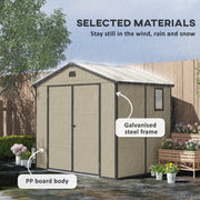 Shed standing in heavy rain, labelling the PP board body and the galvanised steel frame