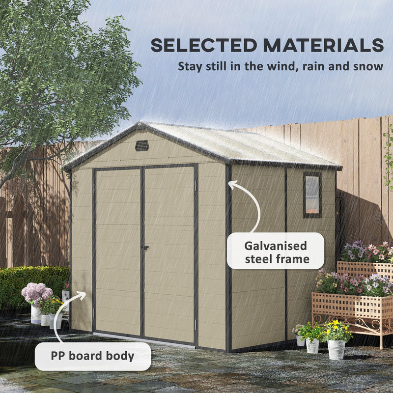 Shed standing in heavy rain, labelling the PP board body and the galvanised steel frame