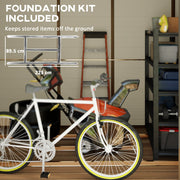The included galvanised foundation kit measuring 225 by 89.5 cm, with a bike parked on it