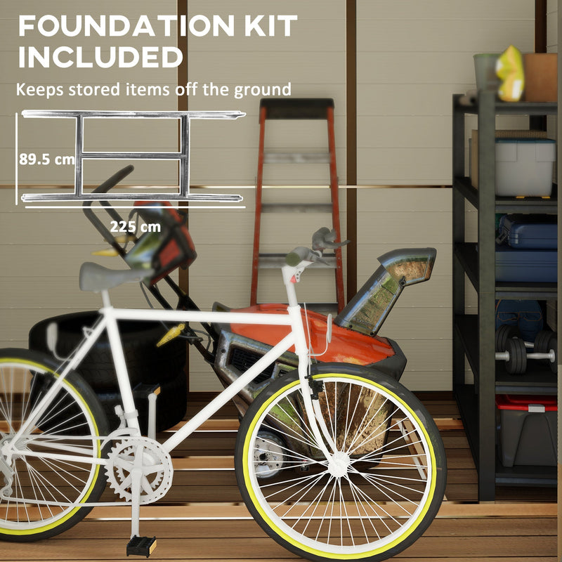 The included galvanised foundation kit measuring 225 by 89.5 cm, with a bike parked on it