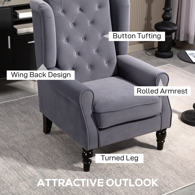 Charcoal Grey Wingback Accent Chair with Tufted Upholstery for Living Room or Bedroom by HOMCOM