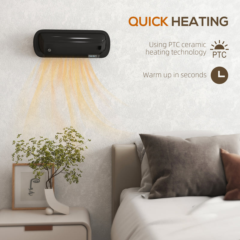 2000W Wall Mounted Ceramic Heater With Fan And Adjustable Thermostat For Home Use, Black