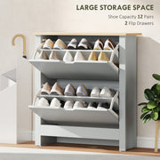 Grey Slim Shoe Cabinet For Entryway - 2 Flip Doors - Holds 12 Pairs With Adjustable Racks - 72x26x80cm Homcom