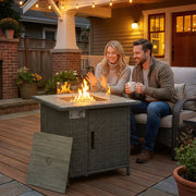 Outdoor Rattan Gas Fire Pit Table With Adjustable Flame And Glass Guard Dark Grey Outsunny