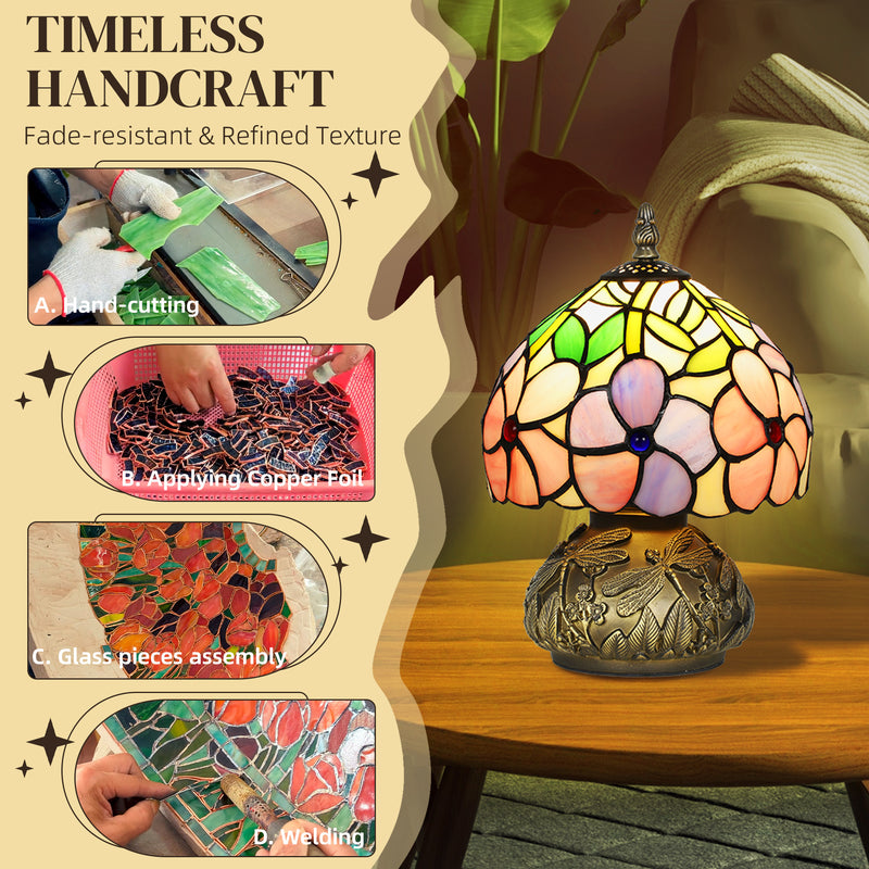 Tiffany Style Table Lamp with Dragonfly Base Handcrafted Stained Glass for Bedroom Pink