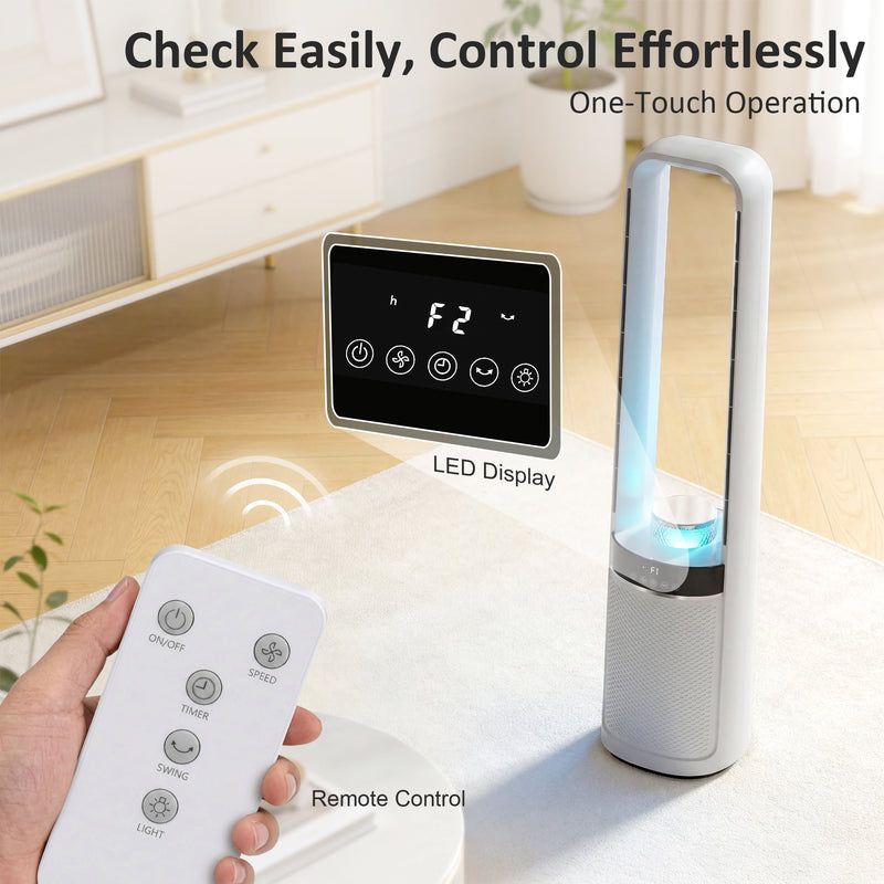 Oscillating Bladeless Tower Fan with Quiet Sleep Mode LED Lights and Remote Control for Bedrooms and Living Rooms, White