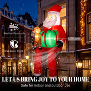 Lit inflatable Santa outside a townhouse with weather-resistant and IP44 callouts