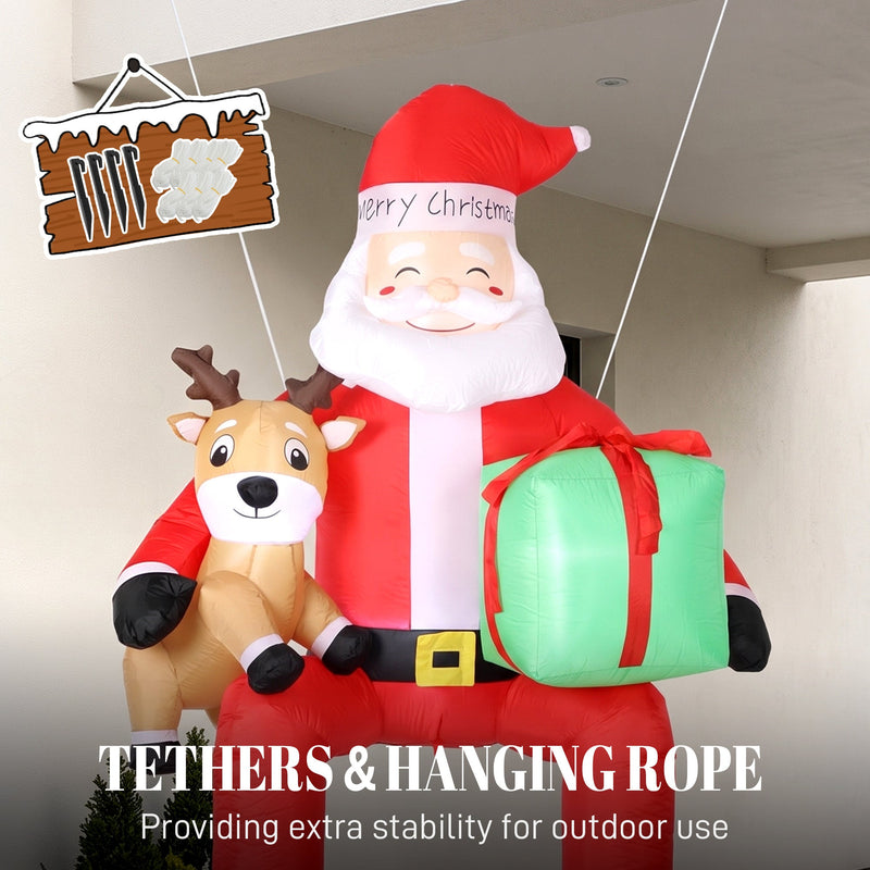 Close-up of Santa with the reindeer and gift box beside tether and hanging rope callouts