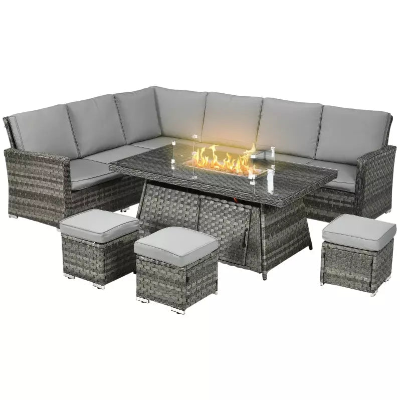 9 Seater Rattan Corner Sofa with Fire Pit Table & Footstools