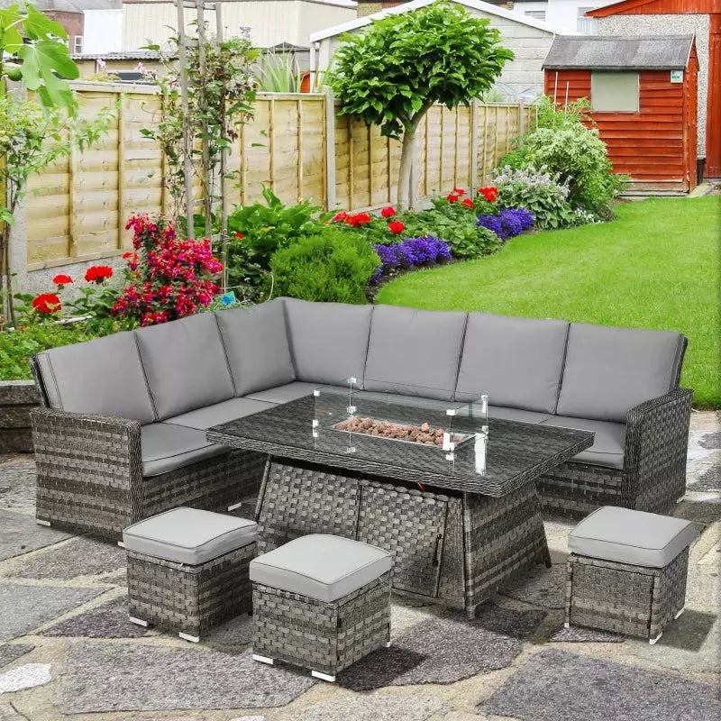 9 Seater Rattan Corner Sofa with Fire Pit Table & Footstools