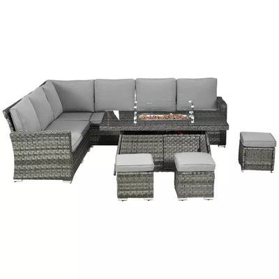 7-Piece Rattan Garden Sofa Set with 50,000 BTU Gas Fire Pit Table and Footstools, Grey Outsunny