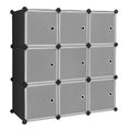 Black 9 cube plastic storage cabinet with a door on every compartment