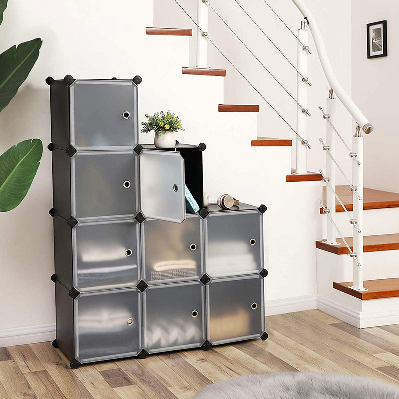 Cabinet panels rearranged into a stepped layout beside a staircase