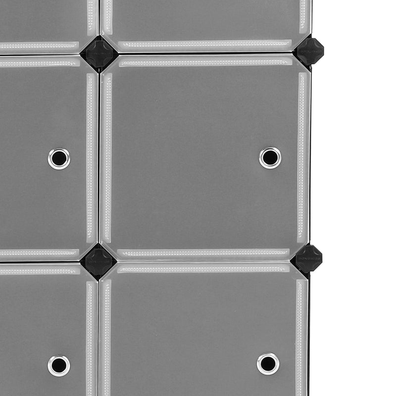 Close-up of the black panel connectors joining two cube frames