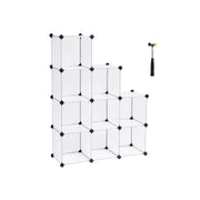 9-cube white plastic storage unit in a staircase layout with the included rubber mallet