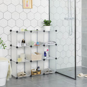 9-cube plastic storage unit built as a 3 by 3 block in a tiled bathroom holding towels and toiletries