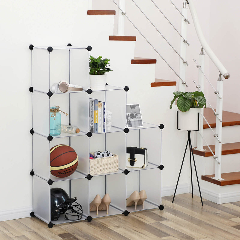 9-cube plastic storage unit in a hallway beside a staircase holding books, shoes and a basketball