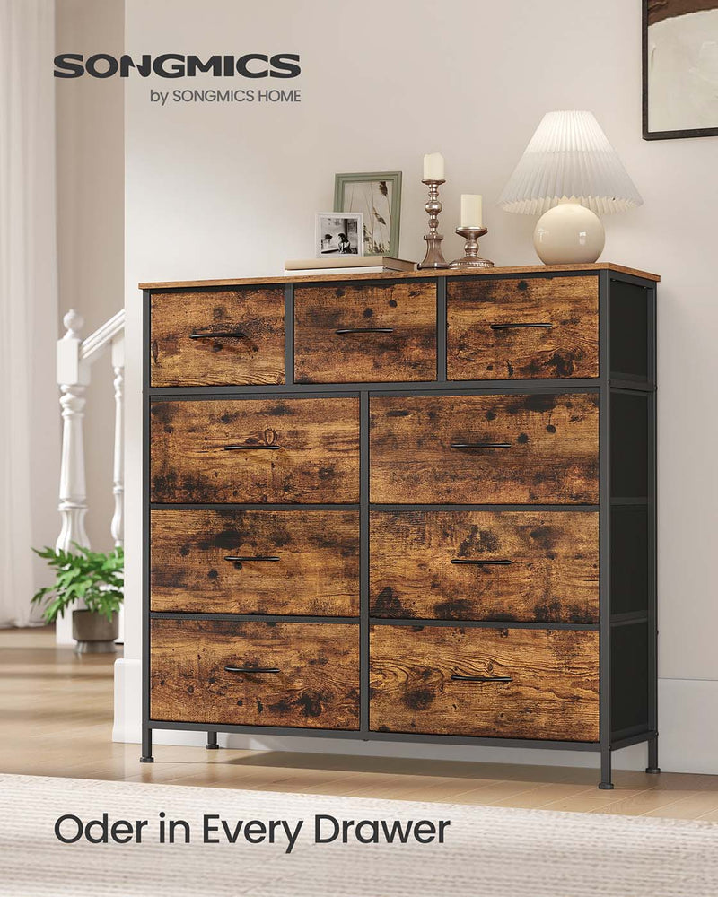 Front view of the 9-drawer chest showing 6 large and 3 small fabric drawers