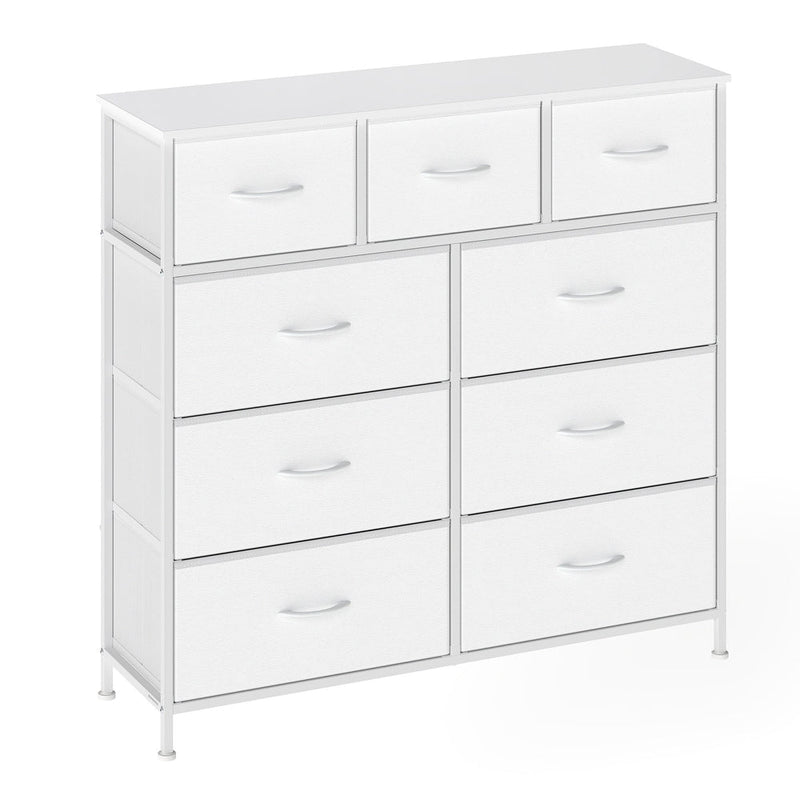 White 9-drawer fabric chest of drawers shown empty at an angle against a white background