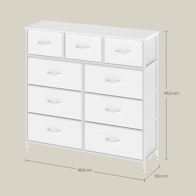 Dimensions diagram of the 9-drawer chest: 98.9 cm wide, 95.3 cm high, 30.1 cm deep