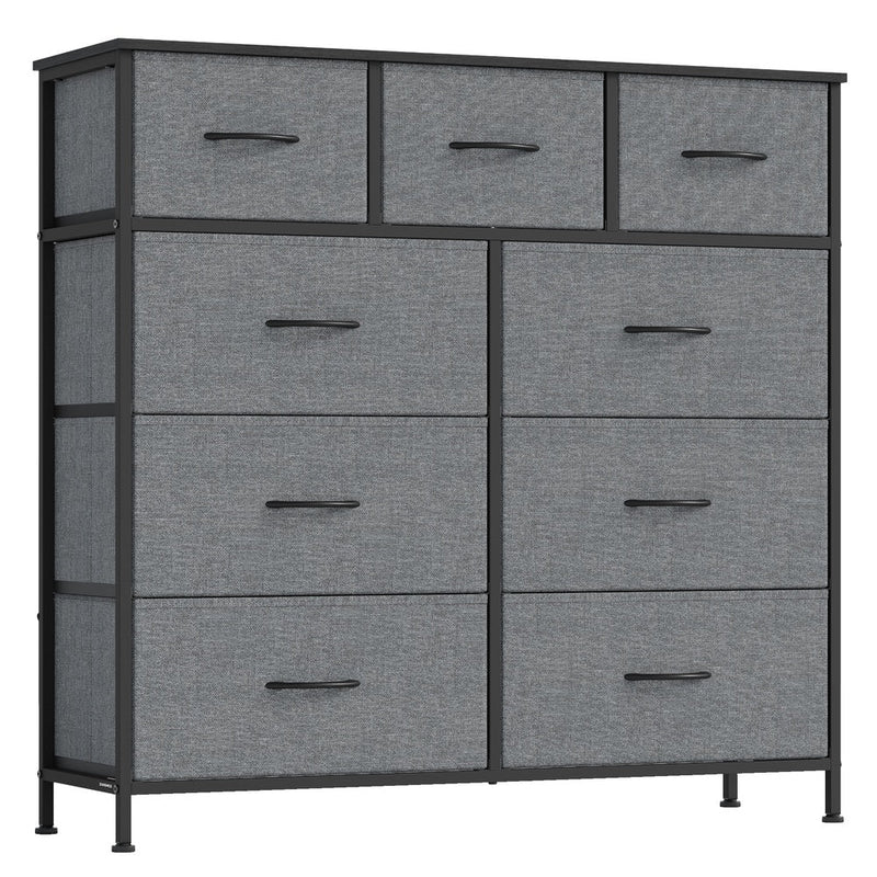 9-drawer fabric chest of drawers in Slate Grey with black frame on a white background