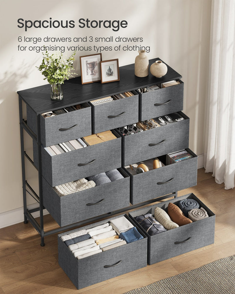 Open fabric drawers filled with folded clothes showing 6 large and 3 small drawers