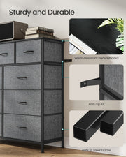 Close-ups of the particleboard top, anti-tip kit and steel frame of the chest of drawers