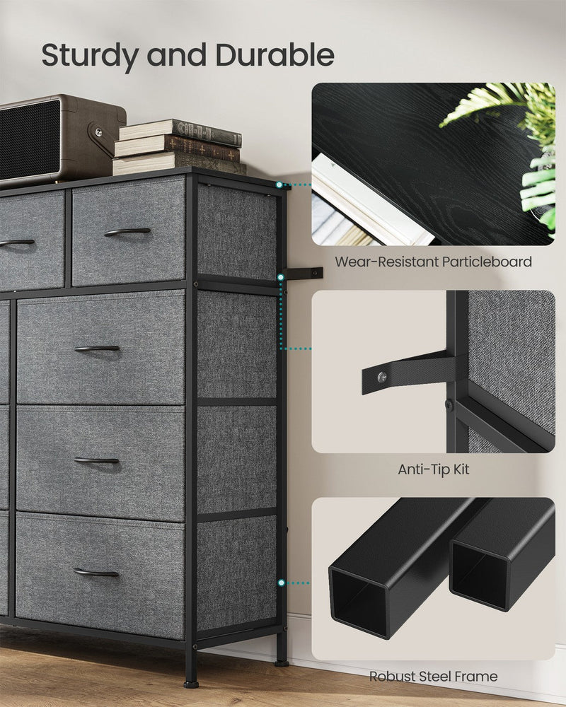 Close-ups of the particleboard top, anti-tip kit and steel frame of the chest of drawers