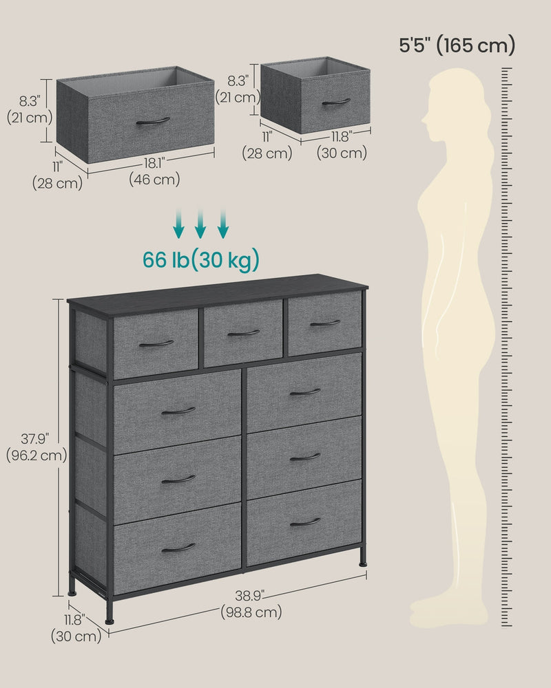 Dimensions diagram of the 9-drawer chest showing 98.8 x 30 x 96.2 cm, drawer sizes and 30 kg top load