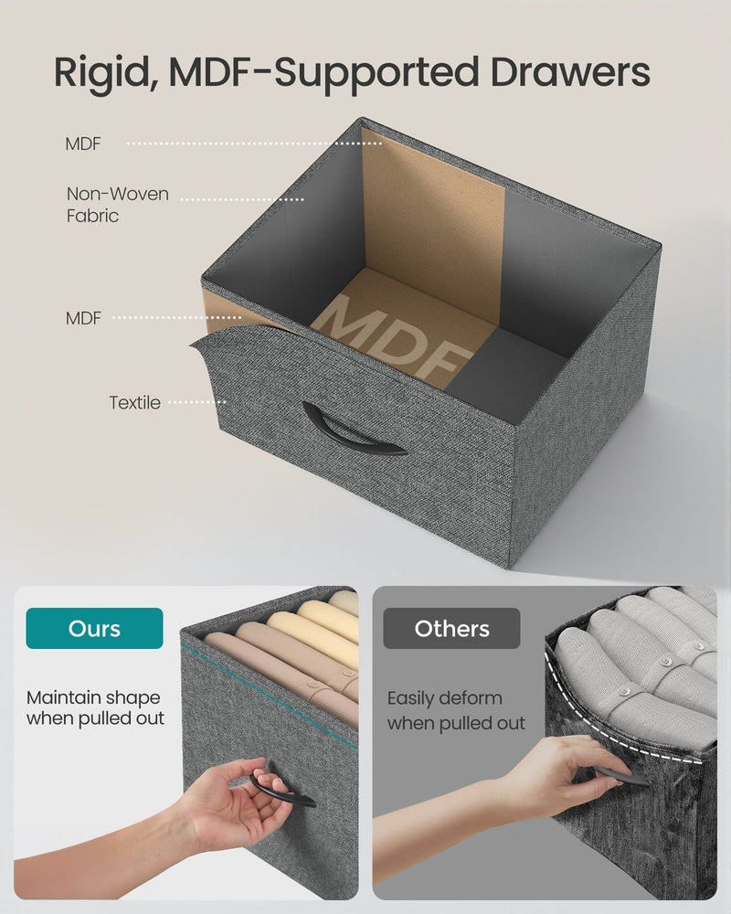 Cutaway of an MDF-supported non-woven fabric drawer compared with a drawer that loses its shape