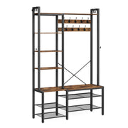 Angled studio shot of the 9 hook coat rack with shelves and shoe bench in rustic brown and black